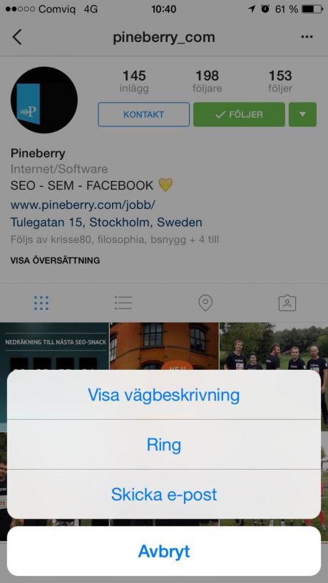 instagram företagsprofil kontakt knapp