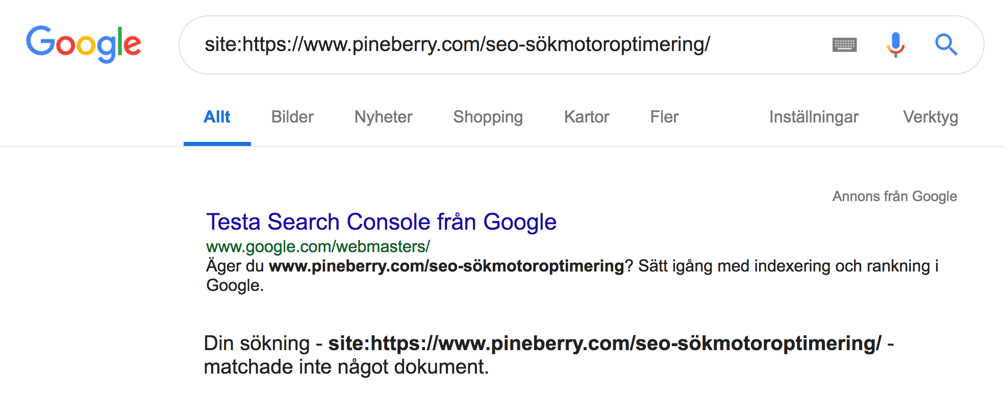 Screenshot över SERPEN på sökningen "sökmotoroptimering"