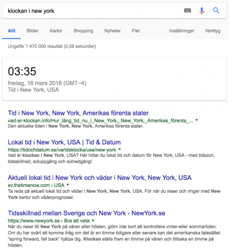 Klockan i New York, vanligt sökresultat