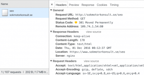 Redirects i Chrome DevTools