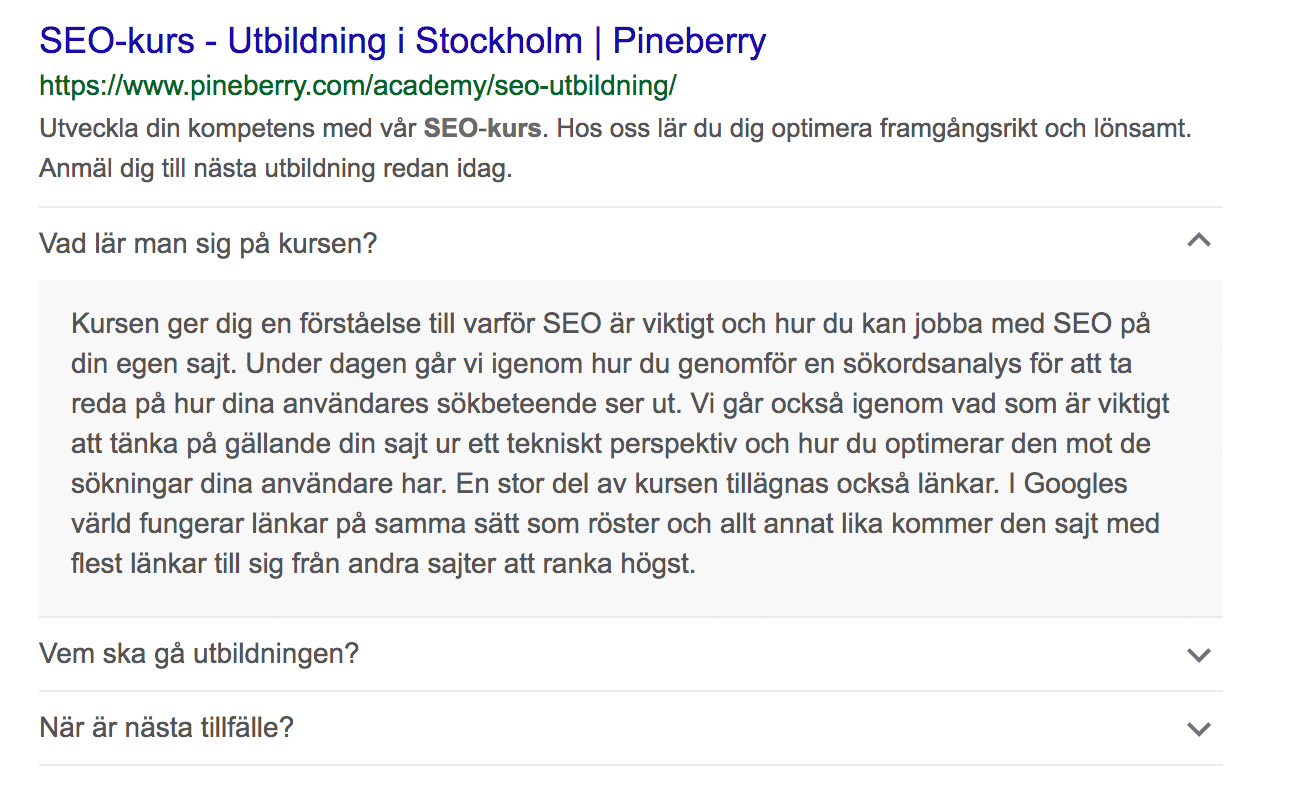 Sökresultat med vanliga frågor och ett svar