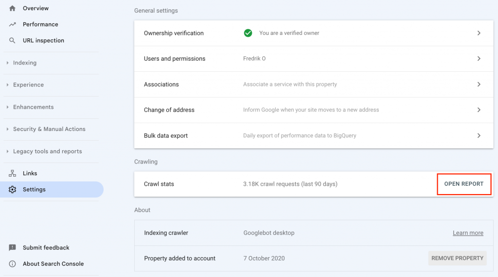 vy över crawl report i Google search console