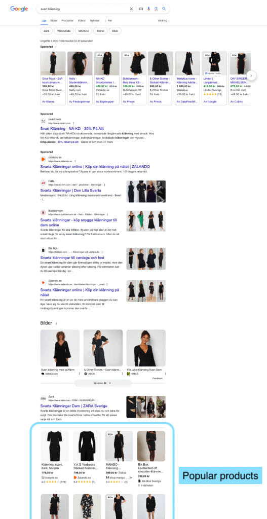 Serpen för sökningen "svart klänning" med Popular products långt ner på sidan